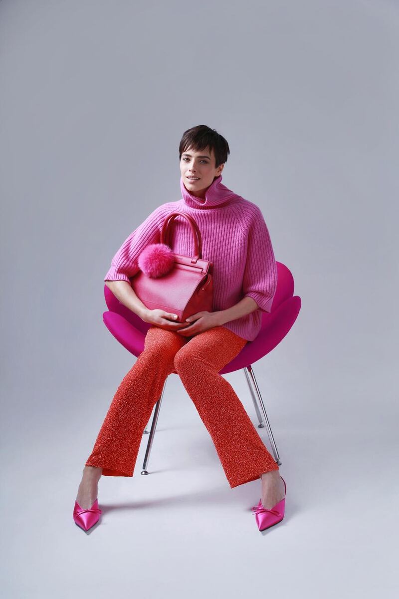 Fuschia knit €595, coral embellished trousers €2995 and the Kennedy 26 (bag) in fuschia €1395. All from Louise Kennedy