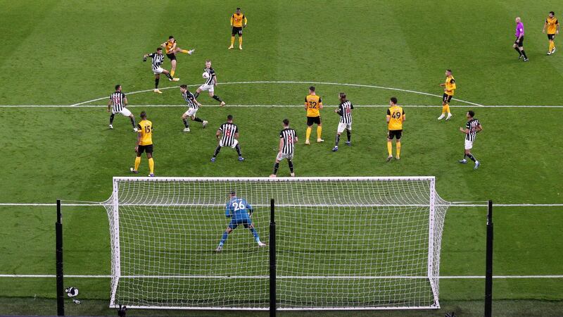 Raul Jimenez opens the scoring for Wolves against Newcastle. Photograph: Alex Pantling/EPA