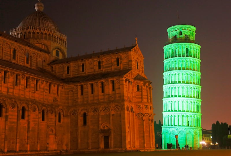 St Patrick’s Day: the Leaning Tower of Pisa lit up in green. Photograph: Fabio Muzzi/AFP via Getty