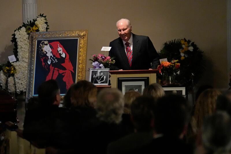 Jimmy Swaggart speaking at the funeral service for his cousin Jerry Lee Lewis in 2022. Photograph: Gerald Herbert/AP