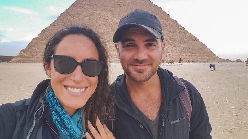 Austin and Geoghegan visit the pyramids in Egypt. Photograph: Simplycycling.org via The New York Times