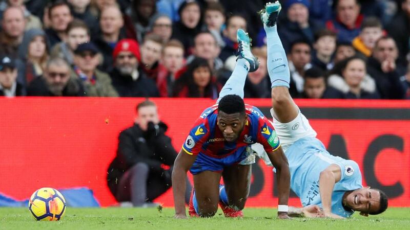 Man of the match Timothy Fosu-Mensah tackles Danilo. Photograph: David Klein/Reuters