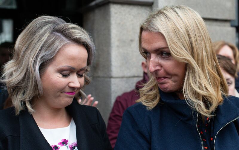 STATE APOLOGY: Lorraine Walsh (left) and Vicky Phelan, who both contracted cervical cancer and now campaign for improved services to combat it, leave Leinster House on Tuesday after Taoiseach Leo Varadkar delivered a State apology for mishandling of cancer smear testing. Photograph: Tom Honan