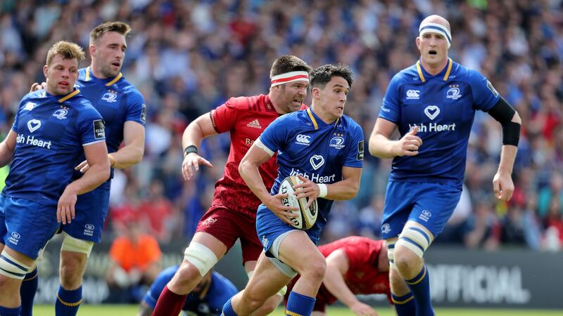 Joey Carbery in the Leinster shirt during their Guinness Pro14 semi-final against Munster at the  RDS in May 2018. Photograph: Dan Sheridan/Inpho
