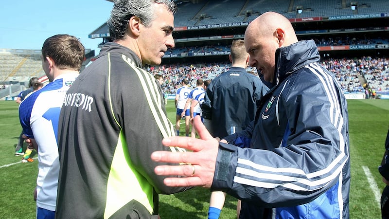 McGuinness and Malachy O’Rourke shake hands after Monaghan beat Donegal in the 2014 league final. Photo: Donall Farmer/Inpho