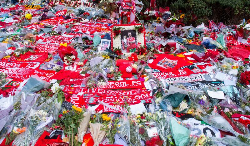 Tributes to soccer player Diogo Jota at Anfield, the home of Liverpool FC. Photograph: EPA