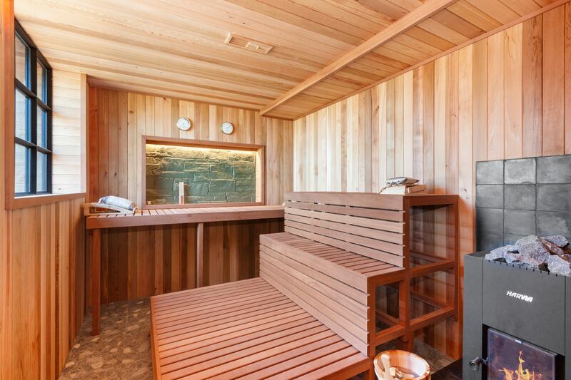 Norwegian-style sauna with teak benches