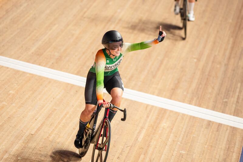 Lara Gillespie celebrates winning the elimination race in the final round of the UCI Track Champions League in London in November. Photograph: Sam Mellish/Getty