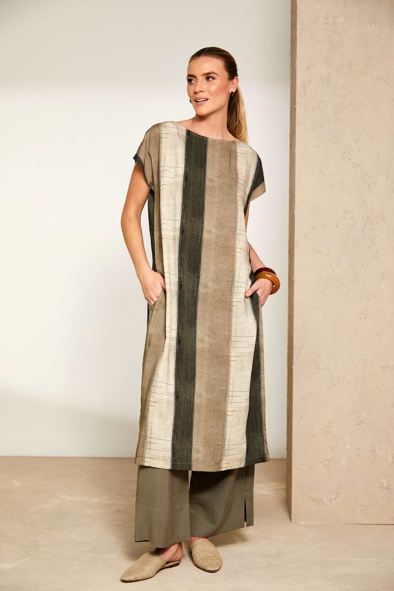 Naya Wide stripe scratch print round neck long tunic with side slit, €154; wide leg crop trousers, €154, at Eclipse of Sandymount and stockists nationwide