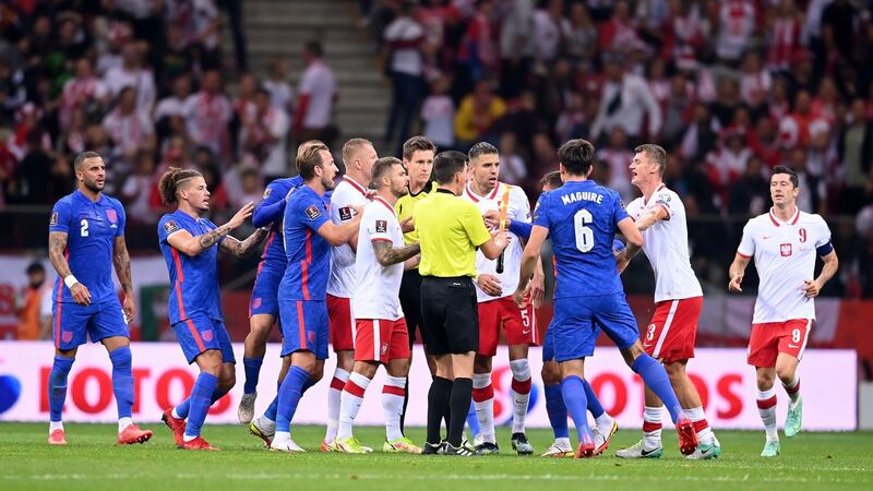 Harry Maguire clashes with Jan Bednarek. Photo: Michael Regan/Getty Images