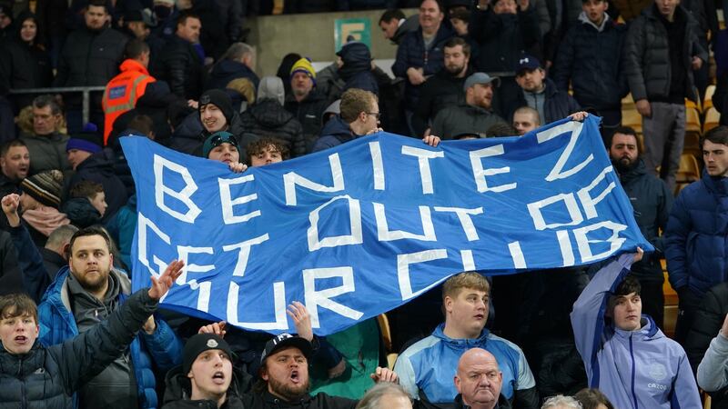 Everton fans protest against Rafael Benítez during their side’s defeat to Norwich. Photograph:  Joe Giddens/PA