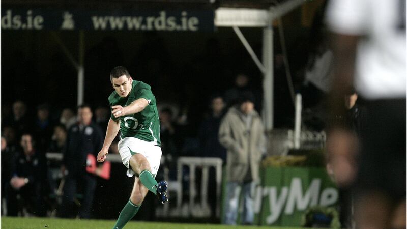 Johnny Sexton kicks a penalty on his Ireland debut against Fiji in 2009. Photograph:  Dara Mac Dónaill