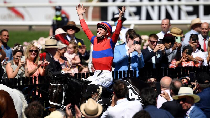 Jockey James McDonald reacts after riding Verry Elleegant to victory in the Melbourne Cup  at Flemington Racecourse. Photograph: James Ross/EPA