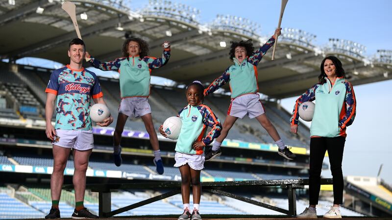 Cillian O’Connor, left, and singer Sinead O’Carroll, with brothers Paddy, age 13, and Tom Nolan, age 10, of St Brigids GAA Club in Castleknock, Dublin, and Adriana Fayiah, centre, at the launch of the 2021 Kellogg’s GAA Cúl Camps, in Croke Park. Photo: Stephen McCarthy/Sportsfile