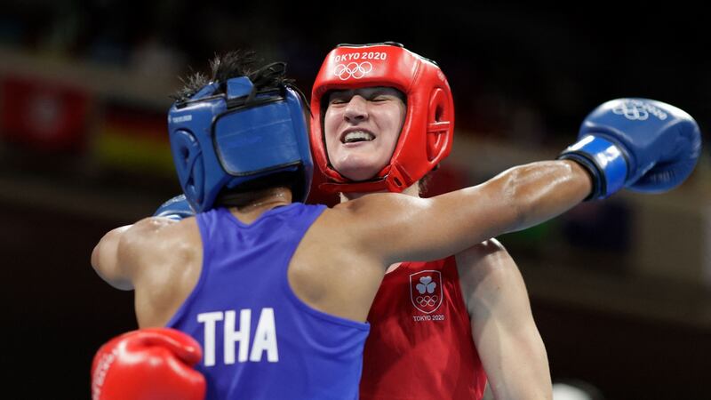 Ireland’s Kellie Anne Harrington and Thailand’s Sudaporn Seesondee after their semi-final at the Kokugikan Arena in Tokyo. Photograph: Getty Images