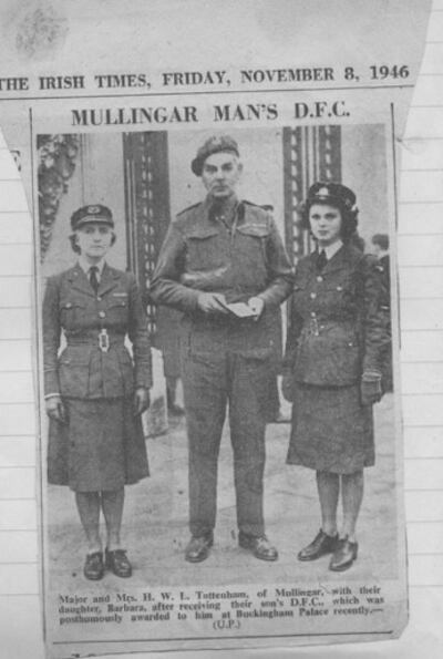 Major and Mrs Tottenham of Mullingar in 1946 with their daughter, Barbara, after receiving their son’s DFC which was posthumously awarded.