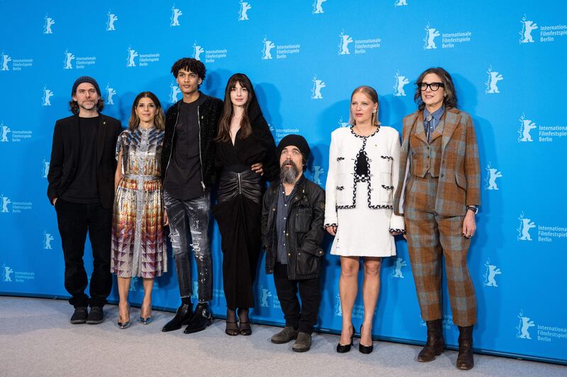 Bryce Dessner, Marisa Tomei, Evan Ellison, Anne Hathaway, Peter Dinklage, Joanna Kulig and Rebecca Miller at a photocall for Miller's film She Came To Me. Photograph: Stefanie Loos/AFP via Getty Images