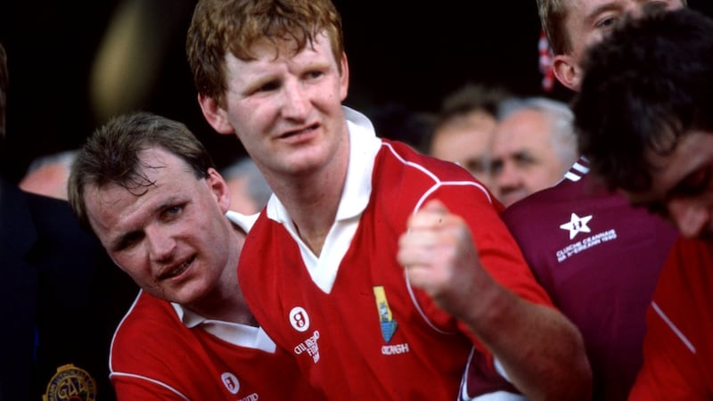 Teddy McCarthy and Kevin Hennessy after Cork’s victory over Galway in the 1990 All-Ireland hurling final. McCarthy also won an All Ireland  football medal, along with fellow dual star Denis Walsh, that year.  Photograph: James Meehan/Inpho