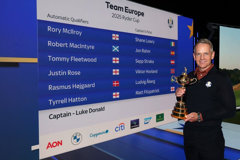 Europe captain Luke Donald poses for a photo with the 12 names selected for the Ryder Cup match against the United States at Bethpage Black. Photograph: Andrew Redington/Getty Images