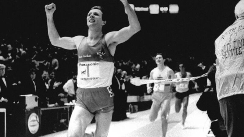 Eamonn Coghlan crosses the finish line after capturing his seventh Wanamaker Mile at the Milrose Games in 1987. Photograph:  John Roca/NY Daily News Archive via Getty Images