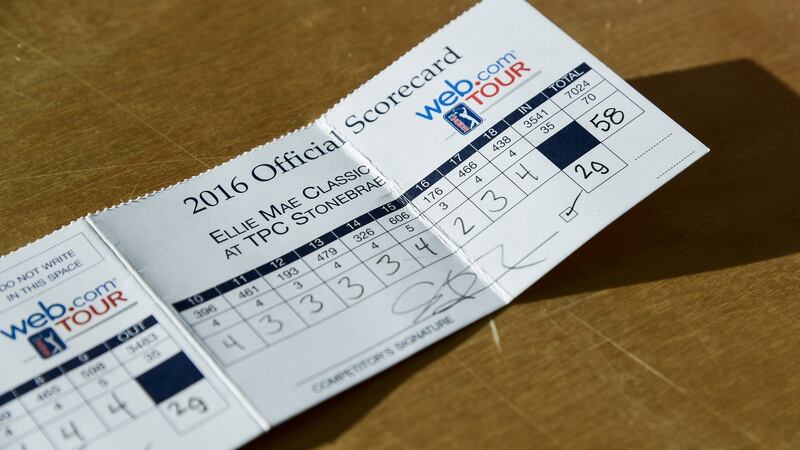 The scorecard of the 12 under par 58 shot by Stephan Jaeger in the Web.com Tour Ellie Mae Classic at TPC Stonebrae in Hayward, California. Photo: Ryan Young/PGA Tour