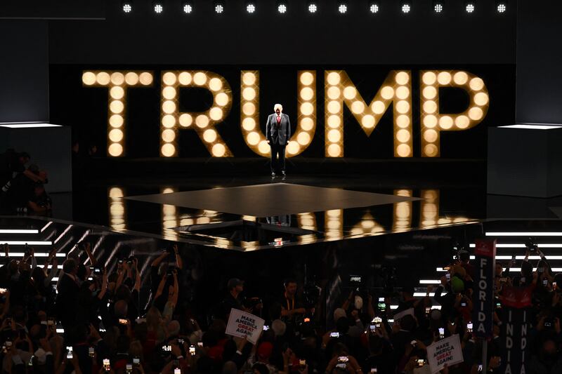 Donald Trump arrives on stage to accept the party's nomination at the 2024 Republican National Convention at the Fiserv Forum in Milwaukee, Wisconsin. Photograph: Andrew CAballero-Reynolds/AFP/Getty Images