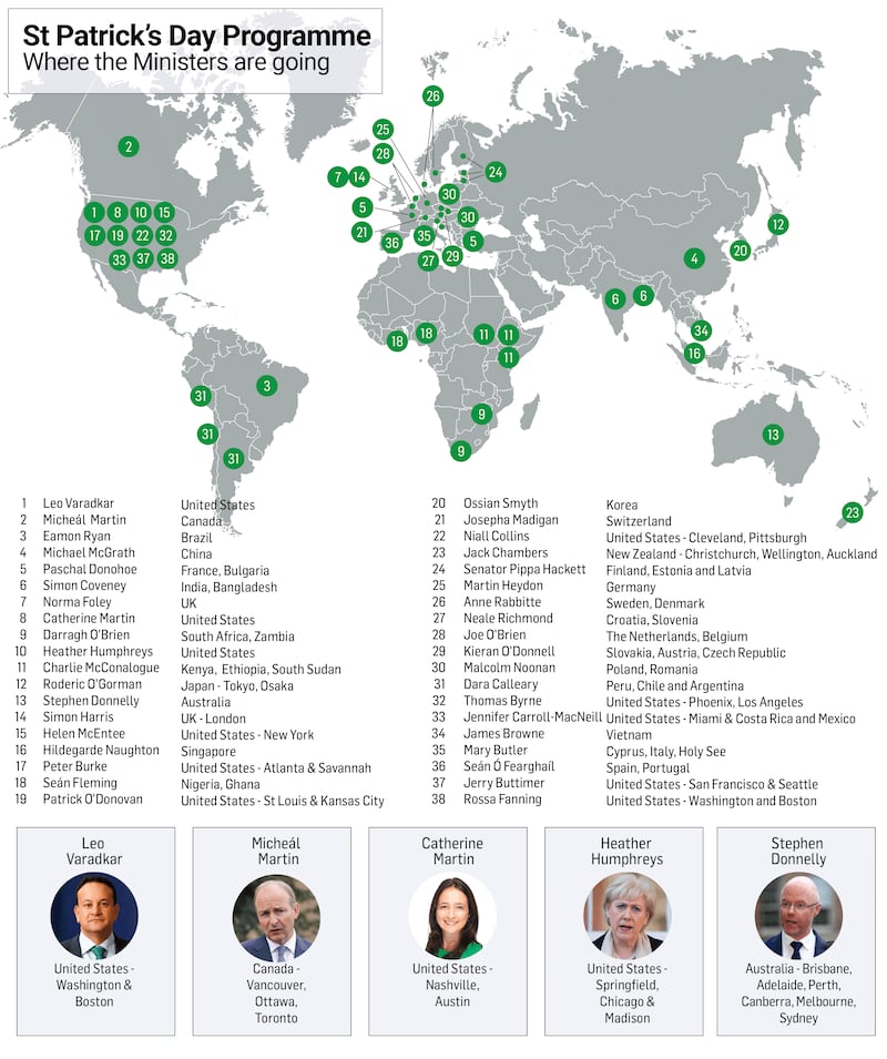 Map of all the destinations for diplomatic trips for St Patrick's Day
