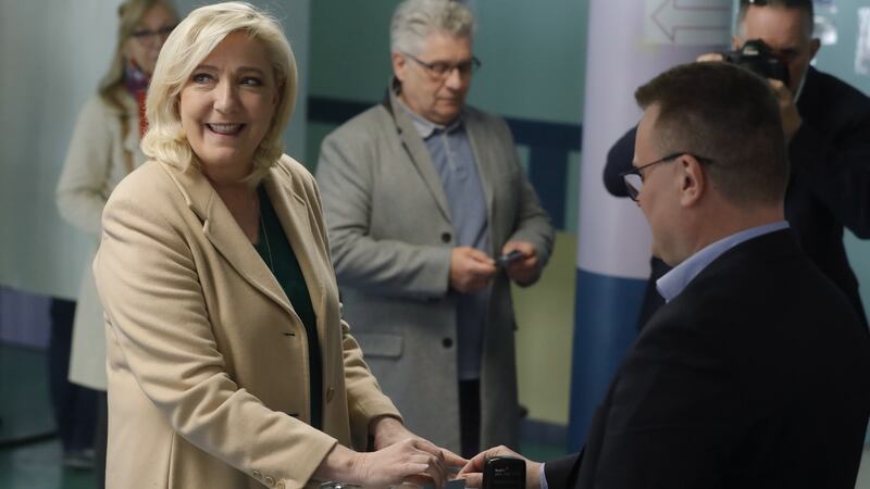 Marine Le Pen, candidate for the far-right Rassemblement National party, casts her ballot in the presidential elections at a polling station in Henin-Beaumont, northern France. Photograph: Stephanie Lecocq/EPA