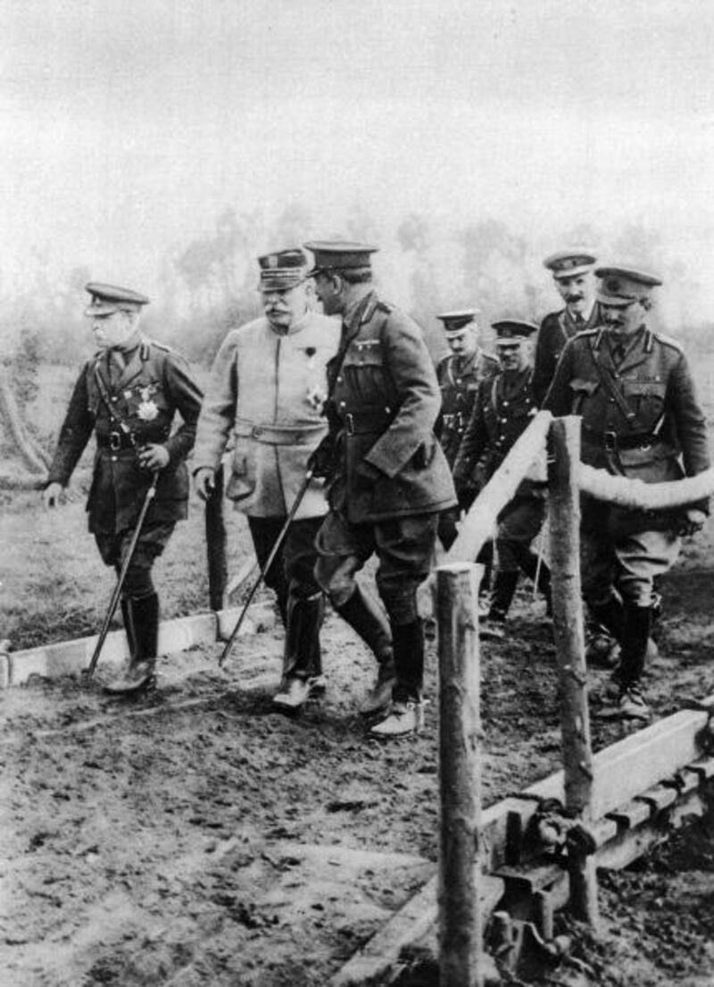 French general Joseph Jacques Joffre flanked by British generals John DP French and Douglas Haig  planning their next move somewhere near the front lines . Photograph: Mansell/The Life Picture Collection/Getty Images