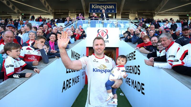 Roger Wilson says goodbye to Ulster fans at the Kinspan stadium in Belfast after his final game in 2017. Photograph: Darren Kidd/Inpho/Presseye