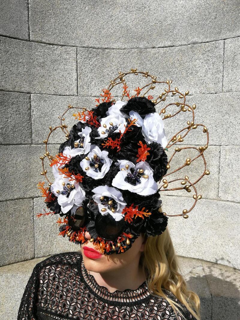 Trellis: Frame made from plastic garden wire decorated with fake flowers inset with vintage jewels. Gold frame made from wire customised with gold beads. On the eye frame, plastic springs from an acquarium plant and gold beads. Photograph: Edward Keegan