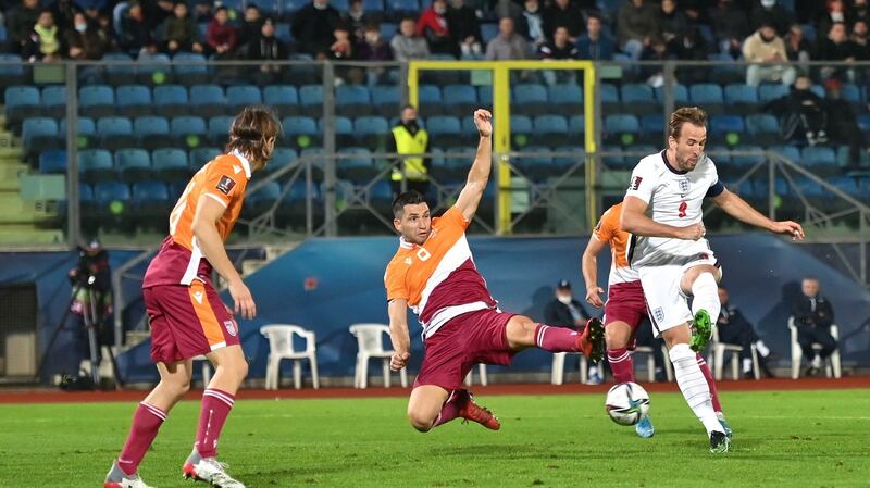 Harry Kane scores England’s fourth against San Marino. Photograph: Alessandro Sabattini/Getty