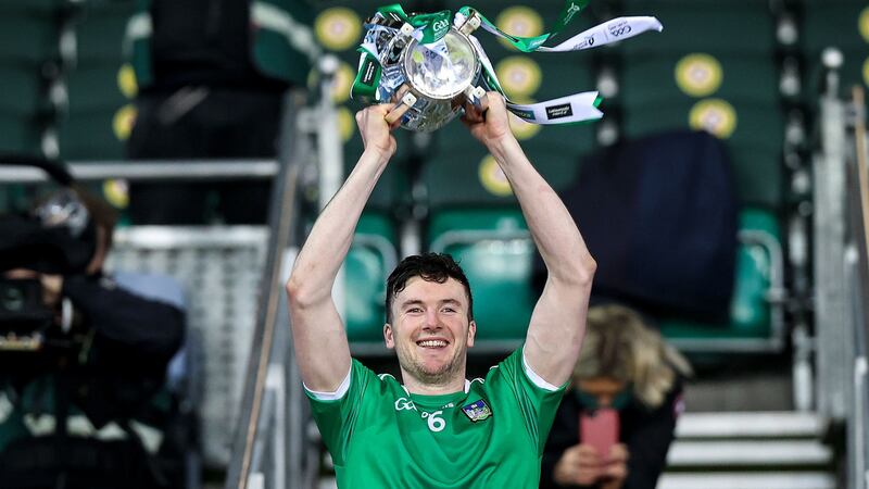 Limerick captain  Declan Hannon lifts the Liam MacCarthy Cup. Photo: Tommy Dickson