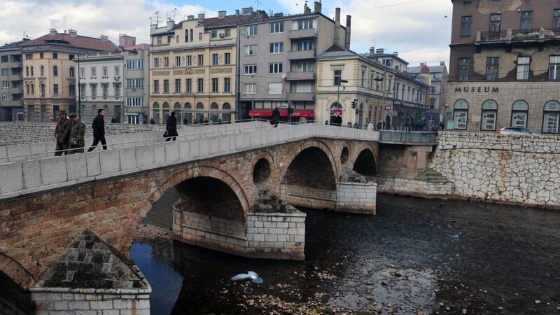 Sarajevo today: The Latin Bridge and the street corner where Serbian nationalist Gavrilo Princip assassinated Archduke Franz Ferdinand and his pregnant wife Sophia on June 28th, 1914.  Photograph: Elvis Barukcic/AFP