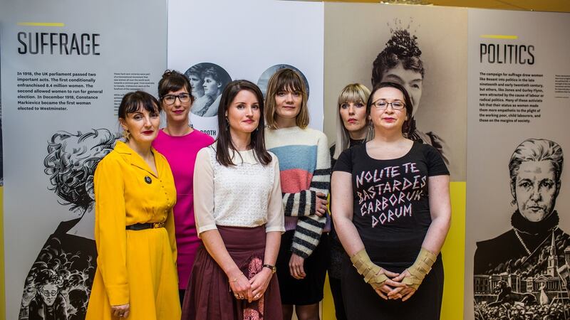 (L/R) Sinéad Gleeson is accompanied by other Irish writers Emilie Pine, Dr Angela Byrne, Etna Shorthall, Wendy Erskine, Laura Foley at the Irish Writers Centre Nollaig na Mban event at the EPIC Irish Emigration Museum. Photograph: James Forde