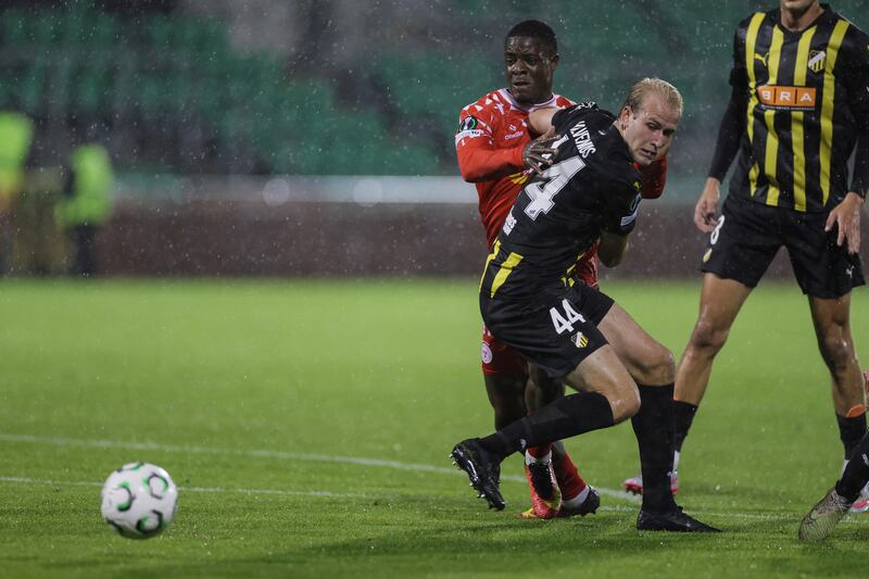 Shelbourne's Mipo Odubeko and BK Hacken's Harry Hilvenius. Photograph: Laszlo Geczo/Inpho