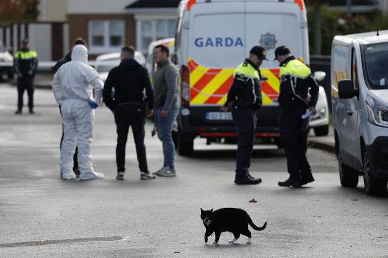 Gardaí at the scene in Finglas where the deaths of a child and a man are being investigated. Photograph: Nick Bradshaw