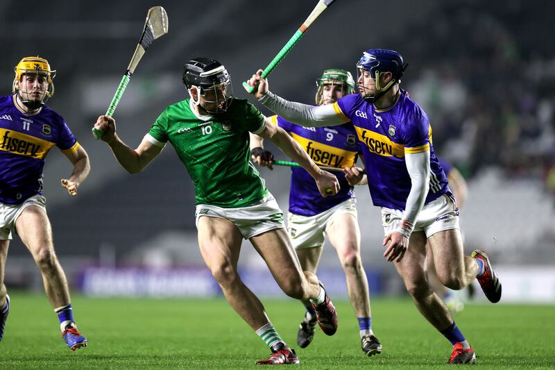 Limerick's Gearoid Hegarty in action against Conor Bowe of Tipperary during their league game on Saturday night. Photograph: Laszlo Geczo/Inpho