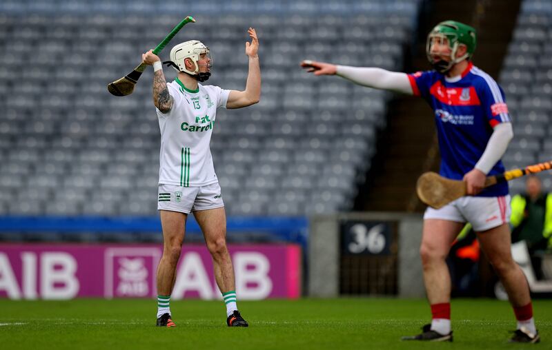O'Loughlin Gaels' Owen Wall was denied a goal against St Thomas when  the ball was over the line before it was cleared by Fintan Burke. Photograph: Ryan Byrne/Inpho