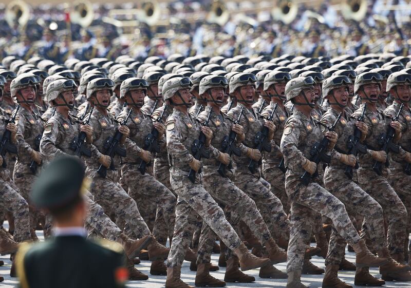 Chinese troops march during Wednesday's military parade. Photograph: EPA