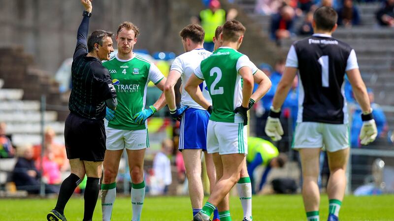 Fermanagh’s Lee Cullen is shown a red card during his side’s defeat to Monaghan. Photograph: Tommy Dickson/Inpho