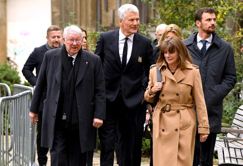 Alex Ferguson and David Gill arrive ahead of the funeral service Bobby Charlton. Photograph: Andy Kelvin/PA Wire
