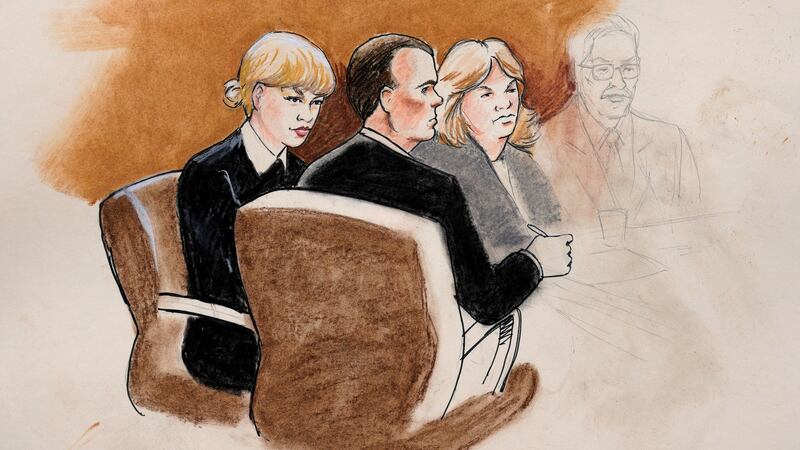 A sketch of Taylor Swift and her attorneys in Denver Federal Court during the trial. Photograph: Jeff Kandyba/Reuters
