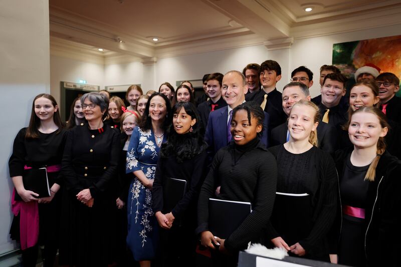 National Concert Hall chairwoman Maura McGrath, Minister for Culture Catherine Martin, Taoiseach Micheál Martin and Minister for Finance Paschal Donohoe with members of the Cór Linn Choir. Photograph: Alan Betson