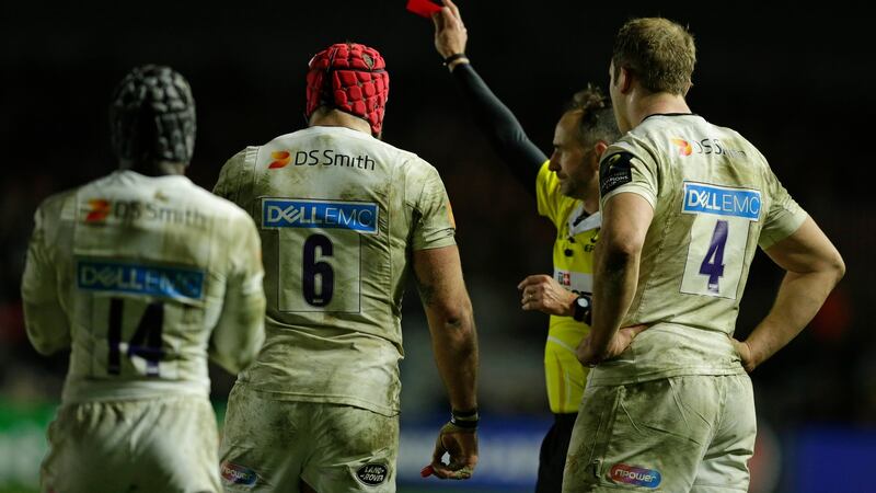 James Haskell of Wasps is shown a red card  at the Stoop. Photograph:  Henry Browne/Getty Images