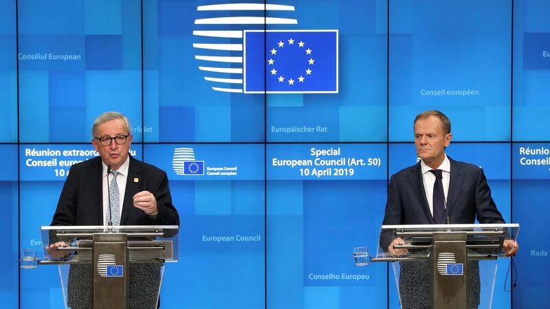 European Commission president Jean-Claude Juncker and European Council president Donald Tusk hold a news conference after the EU leaders summit to discuss Brexit in Brussels. REUTERS/Yves Herman