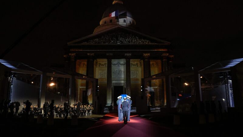 The cenotaph of Josephine Baker  covered with the French flag during Tuesday’s ceremony. Photograph:  Thomas Coex/Pool/AFP via Getty Images