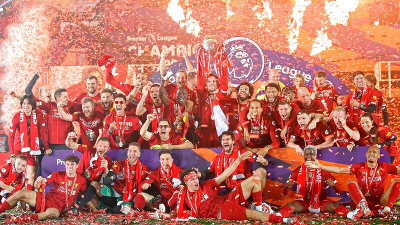 Liverpool’s title winning squad during the Premier League trophy presentation. Photograph: Getty Images