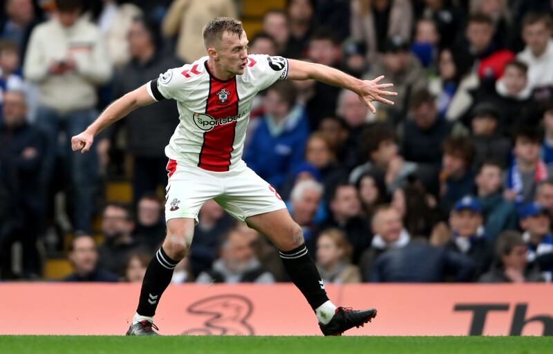 James Ward-Prowse of Southampton celebrates after scoring the opening goal with a free kick against Chelsea. Photograph: Daniel Hambury/EPA