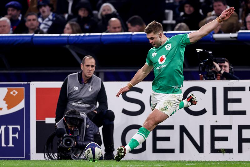 Jack Crowley: landed superb conversions from difficult angles in his first full Six Nations start as Ireland routed France. Photograph: Ben Brady/Inpho 